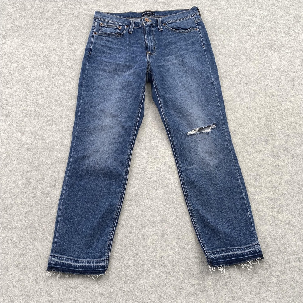 J.Crew Mercantile Straight Jeans Womens 27 (31x25) Blue Wash Distressed Stretch